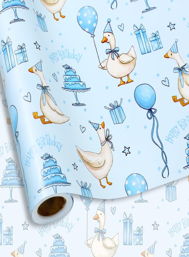 Whaline Silly Goose Birthday Wrapping Paper -Mini Roll- 17 In x 32.8 Ft Blue Goose Coquette Gift Wrap Paper for Holiday Birthday Baby Shower Party - Image 1